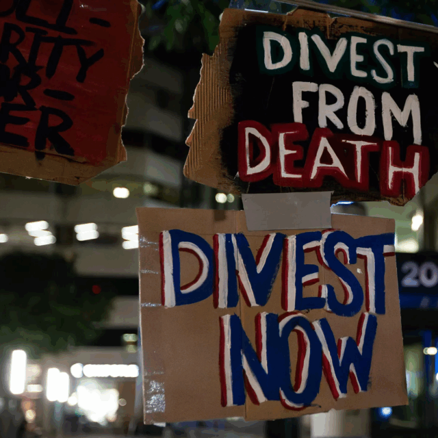 image of protest signs from george washington university gaza solidarity encampment