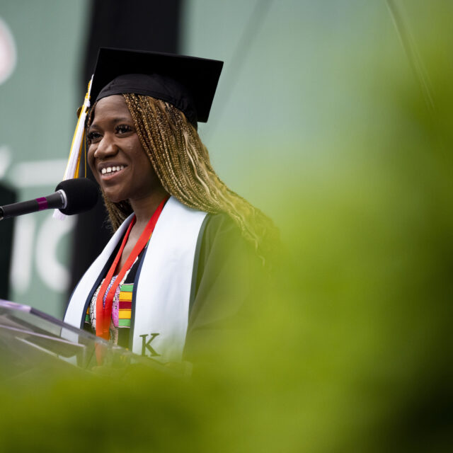 image of undergrad student speaker rebecca bamidele at fenway celebration
