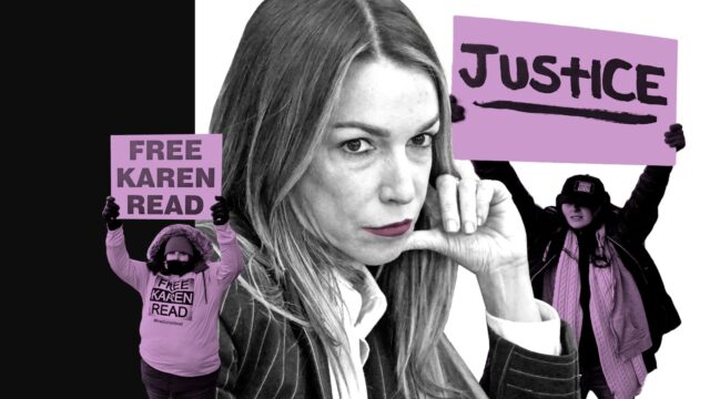 A decorative photo illustration of Karen Read surrounded by supporters holding posters calling for her release.
