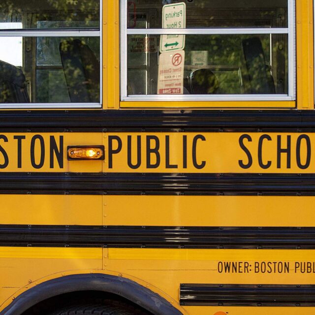 A Boston Public Schools bus traveling down Dorchester Avenue. (Jesse Costa/WBUR)