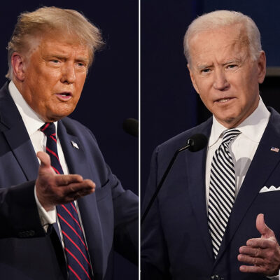 image of combination of Sept. 29, 2020, file photos shows President Donald Trump, left, and former Vice President Joe Biden during the first presidential debate at Case Western University and Cleveland Clinic, in Cleveland, Ohio. Amid the tumult of the 2020 presidential campaign, one dynamic has remained constant: The Nov. 3 election offers voters a choice between substantially different policy paths. (AP Photo/Patrick Semansky, File)