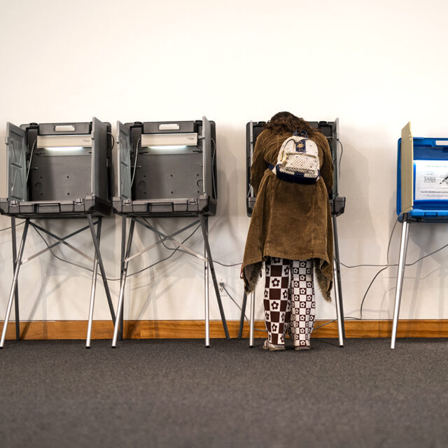 A voter fills out their ballot in a polling place at the Weisman Art Museum during the presidential primary in Minneapolis, Minnesota on Super Tuesday, March 5, 2024. (Photo by STEPHEN MATUREN / AFP) (Photo by STEPHEN MATUREN/AFP via Getty Images)