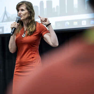 Northeastern professor Alicia Modestino speaks to students at the Northeastern Summer Youth Jobs Program orientation in the Cabral Center on Monday, July 2, 2024. Photo by Alyssa Stone/Northeastern University
