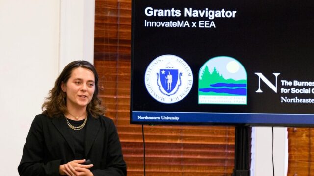 Diane Grant and Rachel Kahn present their AI Grants Navigator on Friday at the Massachusetts State House.