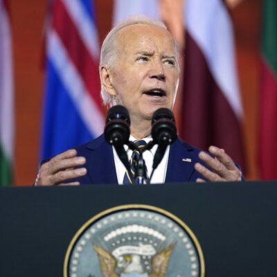 President Joe Biden speaks July 9, 2024, on the 75th anniversary of NATO at the Andrew W. Mellon Auditorium in Washington.