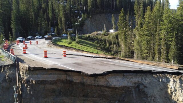Section of Wyoming Highway 22 that cracked open and slid down mountainside.