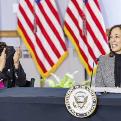 Vice President Kamala Harris, right, holds a roundtable at Fountain Street Church in Grand Rapids, Mich. on Feb. 22, 2024, as part of her Fight for Reproductive Freedoms tour. Harris was joined at the event by Michigan Gov. Gretchen Whitmer, left. (Photo by Andrew Roth/Sipa USA)(Sipa via AP Images)