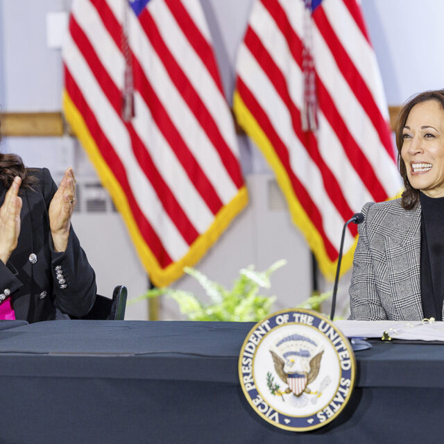 Vice President Kamala Harris, right, holds a roundtable at Fountain Street Church in Grand Rapids, Mich. on Feb. 22, 2024, as part of her Fight for Reproductive Freedoms tour. Harris was joined at the event by Michigan Gov. Gretchen Whitmer, left. (Photo by Andrew Roth/Sipa USA)(Sipa via AP Images)