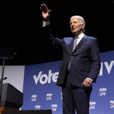 President Joe Biden waves after speaking to community leaders at the Vote to Live Action Fund's 2024 Prosperity Summit in North Las Vegas, Nev., on July 16, 2024.