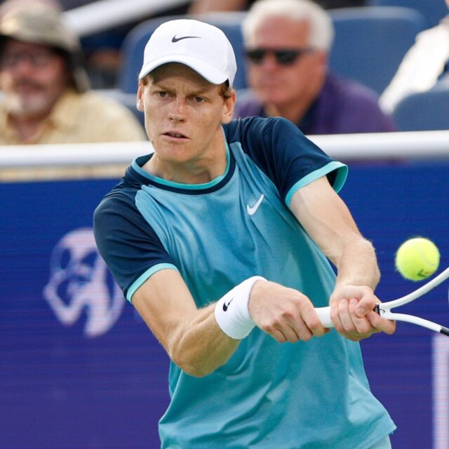 Jannik Sinner of Italy hits a backhand during the final round of the Cincinnati Open on August 19, 2024.