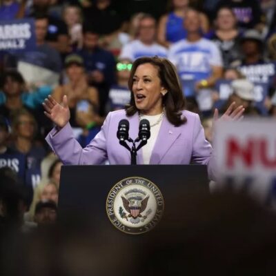 Democratic presidential nominee Kamala Harris speaks during a campaign rally on August 10 in Las Vegas.