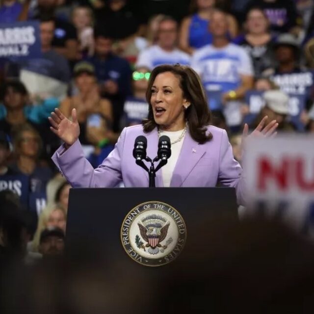 Democratic presidential nominee Kamala Harris speaks during a campaign rally on August 10 in Las Vegas.