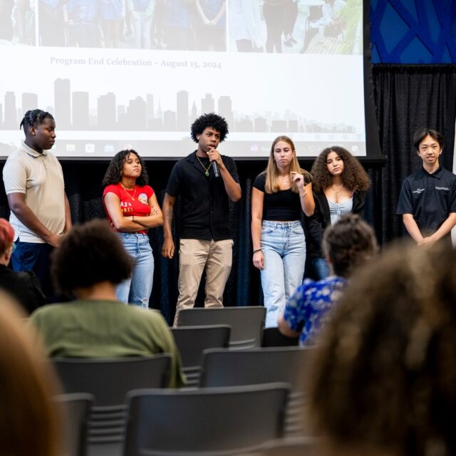 Youth interns present at the Northeastern C2C Summer Youth Jobs celebration held in the John D. O’Bryant Institute.