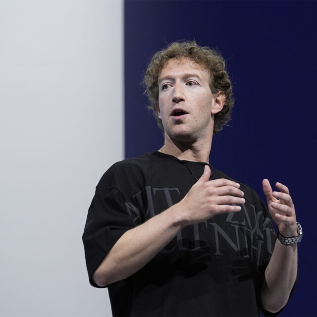 FILE - Mark Zuckerberg talks about the Orion AR glasses during the Meta Connect conference on Sept. 25, 2024, in Menlo Park, Calif. (AP Photo/Godofredo A. Vásquez, File)
