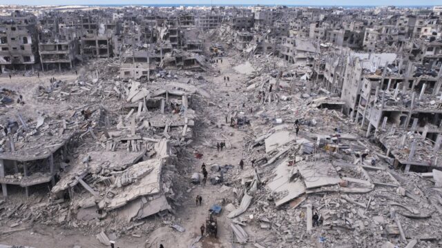 An aerial photograph taken by a drone shows displaced Palestinians returning to Rafah Monday, Jan. 20, 2025.