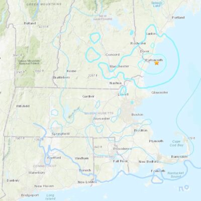 A screenshot of a map showing a geological survey of the earthquake in Maine.