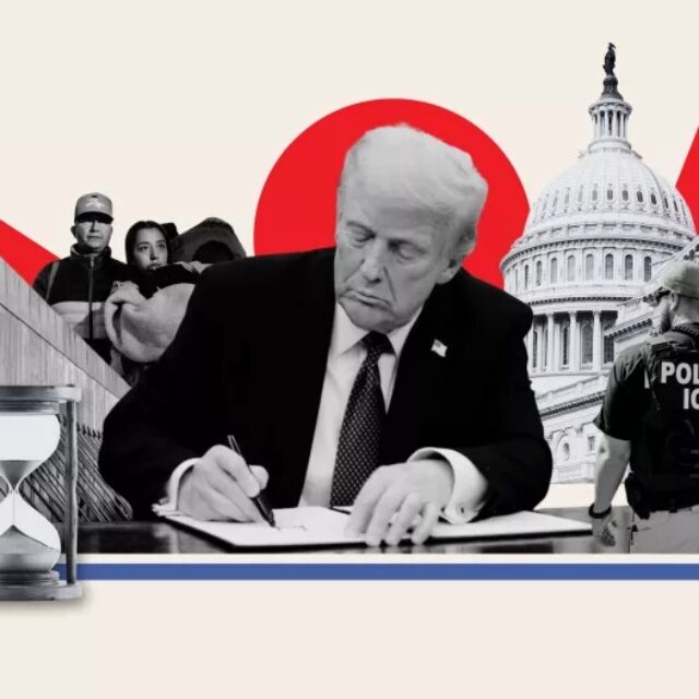 Collage image featuring Trump signing an executive order.