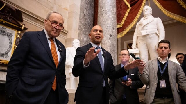 Senate Minority Leader Chuck Schumer (D-N.Y.) and House Minority Leader Hakeem Jeffries (D-N.Y.) speak with reporters at the U.S. Capitol