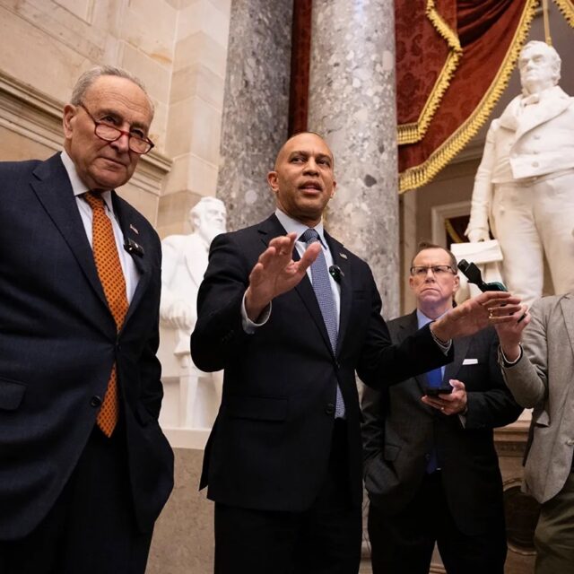 Senate Minority Leader Chuck Schumer (D-N.Y.) and House Minority Leader Hakeem Jeffries (D-N.Y.) speak with reporters at the U.S. Capitol