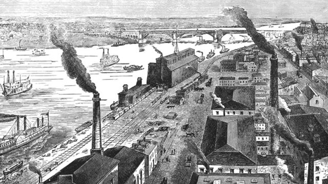 A drawing depicts steam engines in America.