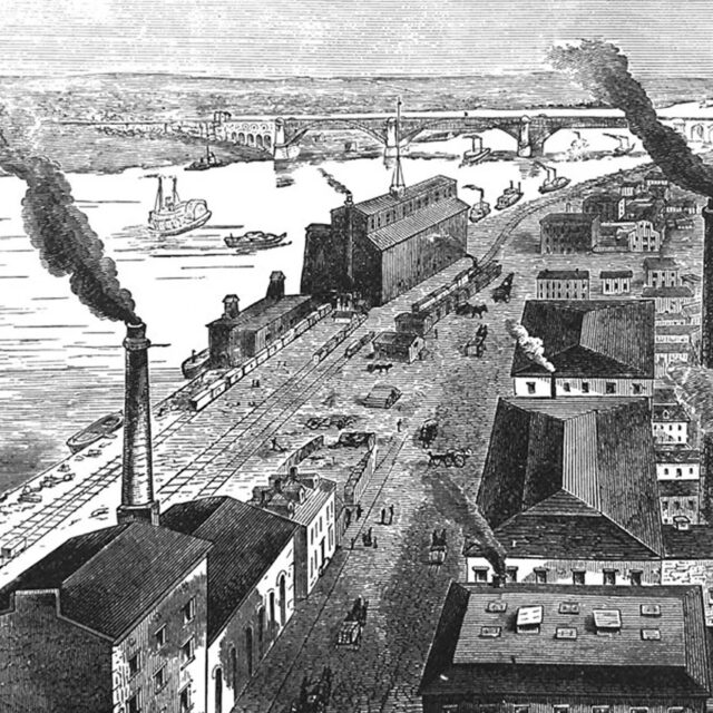 A drawing depicts steam engines in America.