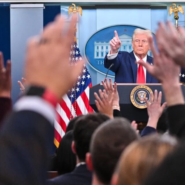 President Donald Trump takes questions during a briefing about the mid-air crash between American Airlines flight 5342 and a military helicopter in Washington, in the Brady Press Briefing Room at the White House on January 30, 2025