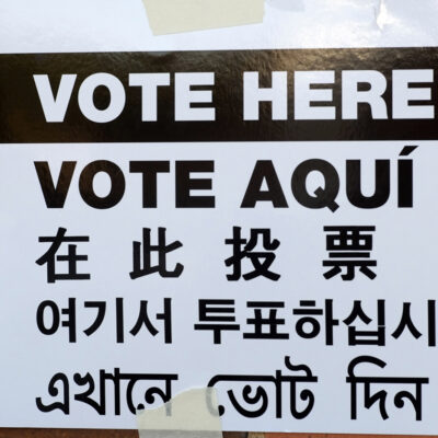 A sign is posted outside an election site in the Borough Park section of the Brooklyn borough of New York, Nov. 4, 2014. The sign reads 