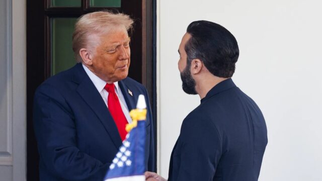 President Donald Trump, left, greets Nayib Bukele, President of El Salvador, outside the White House on Monday, April 14, 2025.