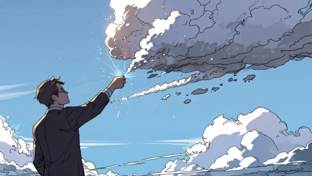 Cartoon drawing of man reaching up to clouds