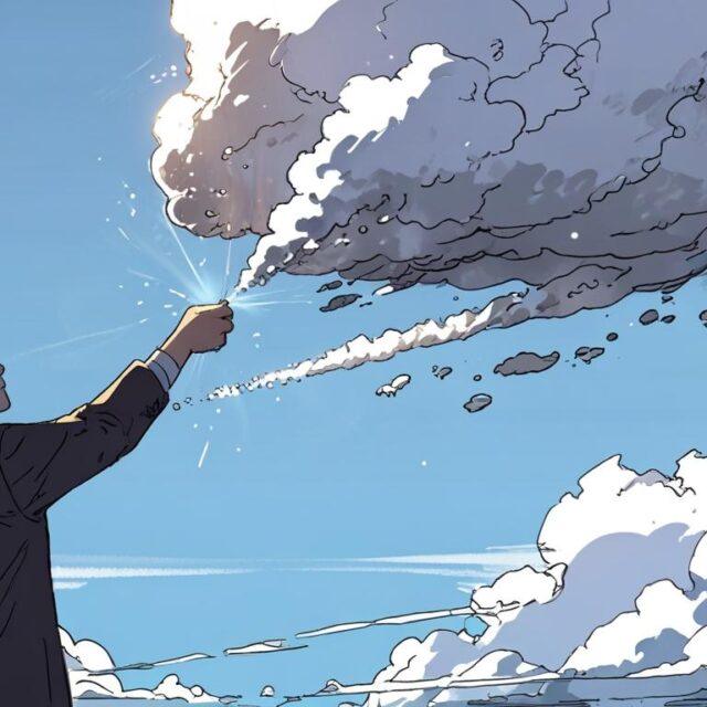Cartoon drawing of man reaching up to clouds