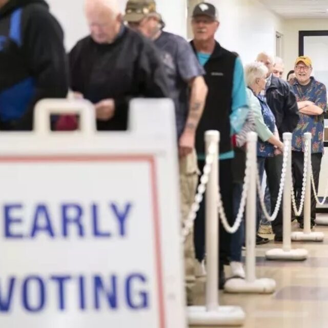 Voters line up for early voting on February 22, 2024, in Lexington, South Carolina.