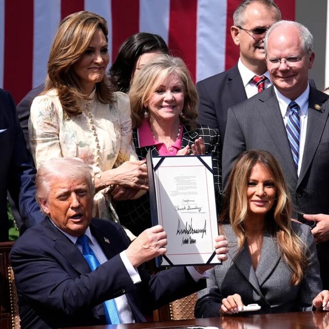US President Donald Trump with First lady Melania Trump at the billing signing for the “Take It Down Act” in the Rose Garden. Photo by Yuri Gripas/Abaca/Sipa USA(Sipa via AP Images)