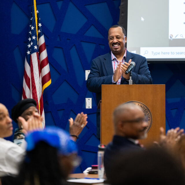06/18/25 - BOSTON, MA. - The John D. O’Bryant African American Institute hosts the 2025 Northeastern Juneteenth event on Wednesday, June 18, 2025 in the Cabral Center. Students from the John D. O’Bryant School of Mathematics and Science in Boston discussed what Juneteenth means to them after hearing from Northeastern speakers Rev. Dr. Keith Bailey, Dr. Deborah Jackson, Chancellor Ken Henderson and Chief Inclusion Officer Richard O’Bryant. Photo by Alyssa Stone/Northeastern University