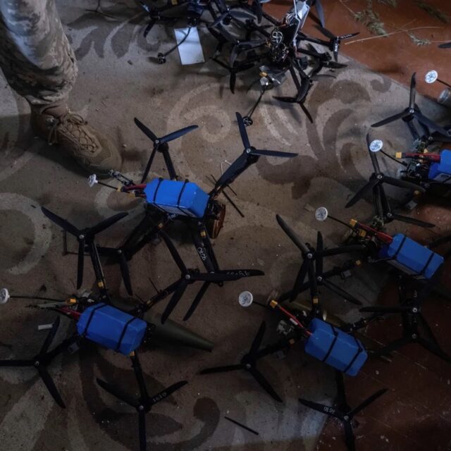 Drones are seen at the frontlines position of the servicemen of the Ukrainian Armed Forces.