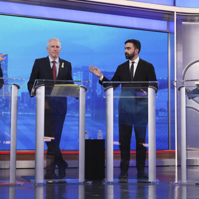 Democratic mayoral candidates Andrew Cuomo, far left, and Zohran Mamdani, second from right, present arguments as Whitney Tilson, second from left, and Michael Blake look on during a Democratic mayoral primary debate, Wednesday, June 4, 2025, in New York. (AP Photo/Yuki Iwamura, Pool)