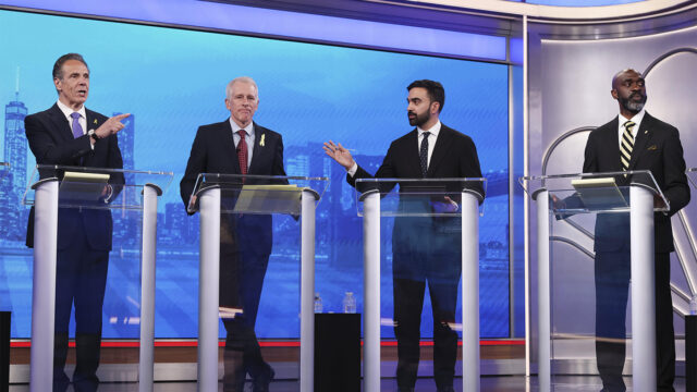 Democratic mayoral candidates Andrew Cuomo, far left, and Zohran Mamdani, second from right, present arguments as Whitney Tilson, second from left, and Michael Blake look on during a Democratic mayoral primary debate, Wednesday, June 4, 2025, in New York. (AP Photo/Yuki Iwamura, Pool)