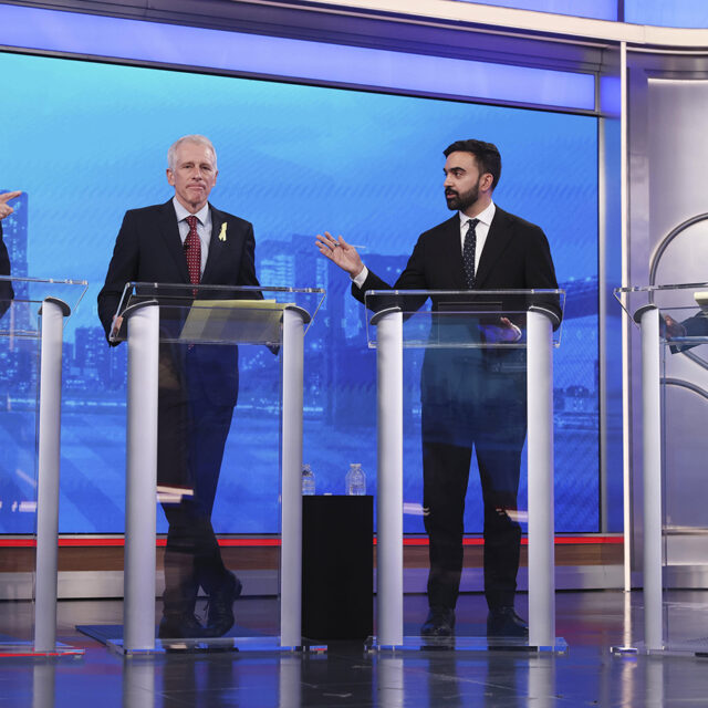 Democratic mayoral candidates Andrew Cuomo, far left, and Zohran Mamdani, second from right, present arguments as Whitney Tilson, second from left, and Michael Blake look on during a Democratic mayoral primary debate, Wednesday, June 4, 2025, in New York. (AP Photo/Yuki Iwamura, Pool)