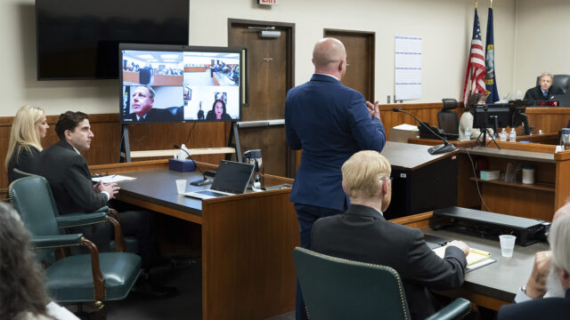 Jay Logsdon, center, an attorney representing Bryan Kohberger, second from left, speaks during a hearing in Latah County District Court, Wednesday, Sept. 13, 2023, in Moscow, Idaho. Kohberger is accused of killing four University of Idaho students in November 2022. (AP Photo/Ted S. Warren, Pool)