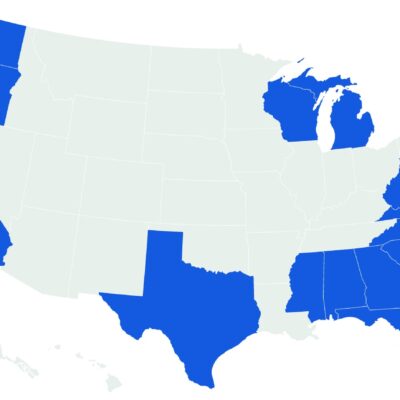 Map of the continental US, highlighting 18 states including Alabama, California, Connecticut, Florida, Georgia, Maryland, Michigan, Mississippi, New Jersey, North Carolina, Oregon, Rhode Island, South Carolina, Texas, Virginia, Washington, West Virginia and Wisconsin.