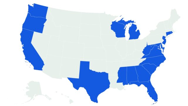 Map of the continental US, highlighting 18 states including Alabama, California, Connecticut, Florida, Georgia, Maryland, Michigan, Mississippi, New Jersey, North Carolina, Oregon, Rhode Island, South Carolina, Texas, Virginia, Washington, West Virginia and Wisconsin.