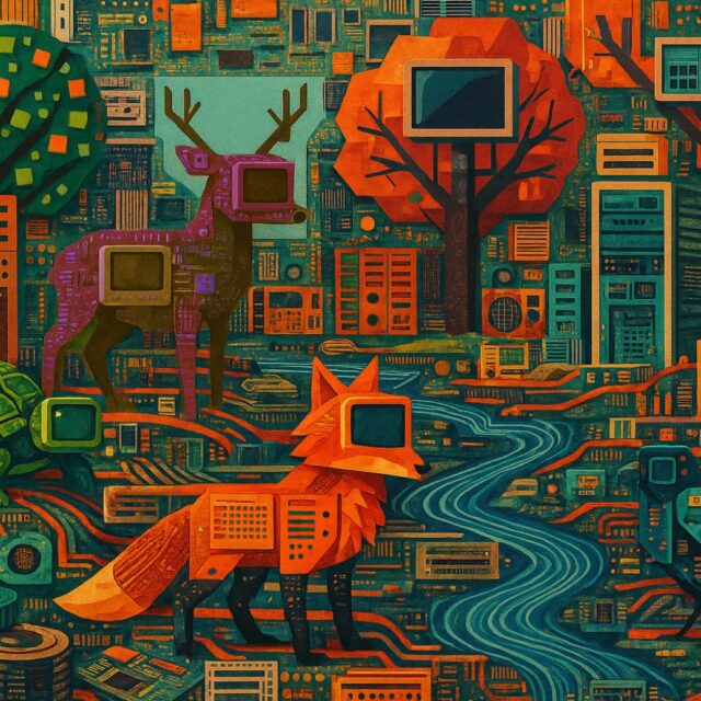 Graphic of woodlands with tech