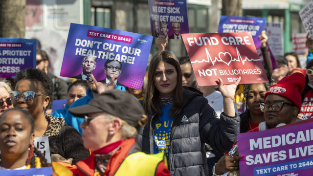 Over 1,000 members of Popular Democracy, including disabled Americans who rely on public healthcare, and partner organizations marched to demand no cuts to Medicaid or Medicare, lower prescription drug prices, and the protection of reproductive rights on Wednesday, March 12, 2025 in Washington. (Kevin Wolf/AP Content Services for Popular Democracy)