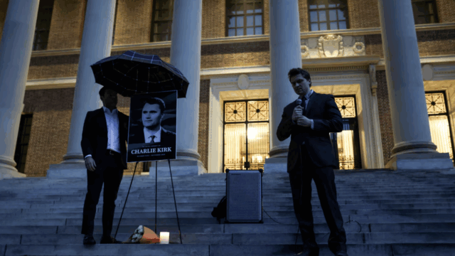 Harvard law student Sean Pigeon speaks during a memorial vigil held for Charlie Kirk by the Harvard Republican Club on the steps of the Widener Library on Sept. 13, 2025.