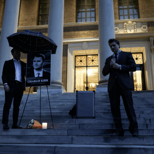 Harvard law student Sean Pigeon speaks during a memorial vigil held for Charlie Kirk by the Harvard Republican Club on the steps of the Widener Library on Sept. 13, 2025.