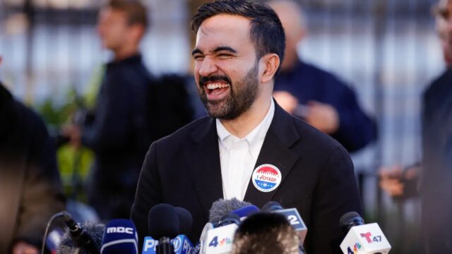 Democratic New York City mayoral candidate Zohran Mamdani speaks to the press after voting at a polling location at Frank Sinatra School of Arts in the Queens borough of New York City on November 4, 2025. (Photo by Leonardo Munoz/AFP via Getty Images)