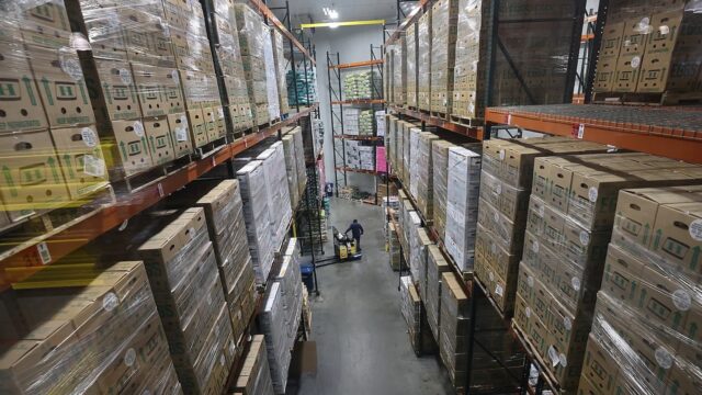 Boxes of food at the Greater Boston Food Bank awaiting distribution to regional pantries, Boston, Massachusetts, June 12, 2025