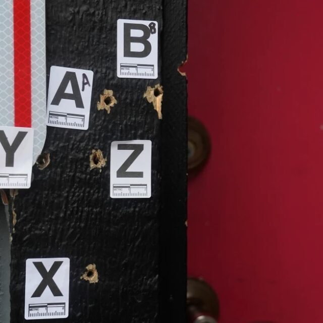 Bullet holes are shown where a mass shooting took place Saturday at a banquet hall in Stockton, Calif., Monday, Dec. 1, 2025. (AP Photo/Jeff Chiu)