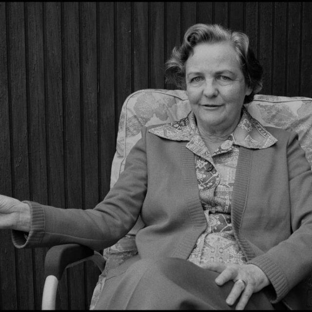 Portrait of English journalist and author Jessica 'Decca' Mitford (born Jessica Lucy Freeman-Mitford, 1917 - 1996), a cigarette in her hand, as she sits in a chair at home, Oakland, California, October 1977. (Photo by Janet Fries/Getty Images)