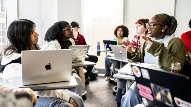 01/21/26 - BOSTON, MA. - Tiffany Bailey, Postdoctoral Research Fellow, teaches a African Film course in Behrakis 307 on Jan. 21, 2026. Photo by Matthew Modoono/Northeastern University