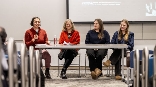 01/29/26 - BOSTON, MA. - Scenes during the Stories of Resistance and Reconciliation event held in 300 Richards Hall on Jan. 29, 2026. Remarks were made by Hillel Executive Director Rabbi Sara Paasche-Orlow, Teaching Professor of Political Science Natalie Bormann, and volunteers from the Action Service Reconciliation for Peace, Merle Gamza and Mirjam Ikkache. The event was moderated by Stotsky Professor of Jewish History and Culture Simon Rabinovitch, with opening remarks by the Consul General of Germany Dr. Sonja Kreibich. Photo by Matthew Modoono/Northeastern University